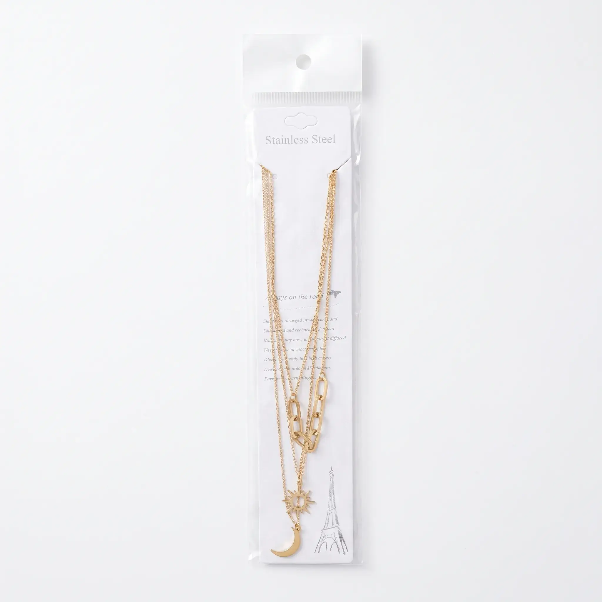 Stainless Steel Layered Sun and Moon Necklace - Gold