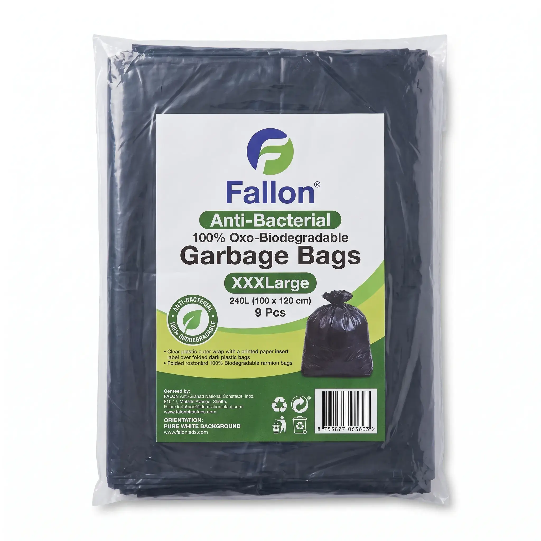 Falon Anti-Bacterial 100% Oxo-Biodegradable Garbage Bags XXXLarge 240L (100 x 120 cm) 9 Pcs