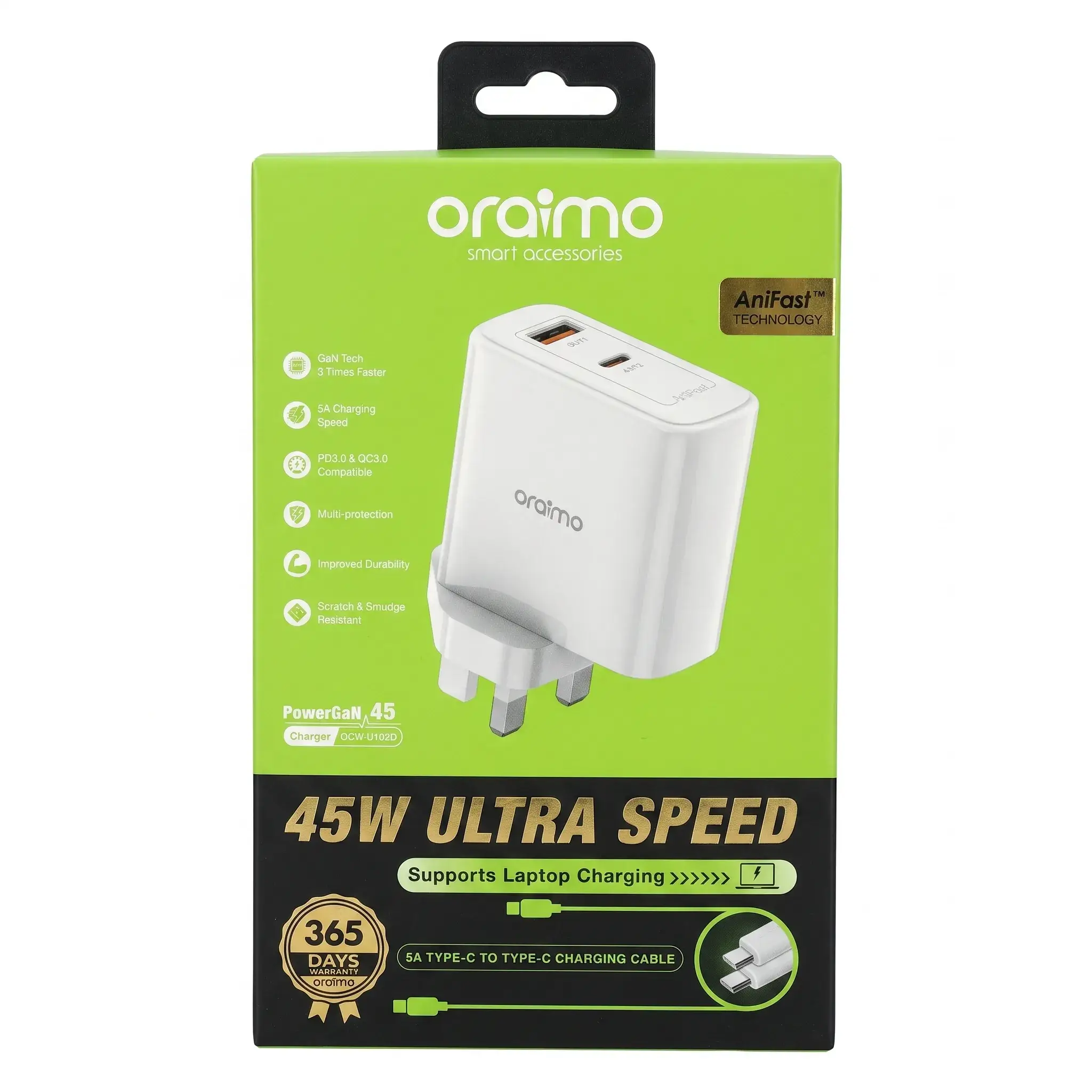 Oraimo PowerGaN 45 Charger 45W Ultra Speed with Type-C Cable (OCW-U102D)