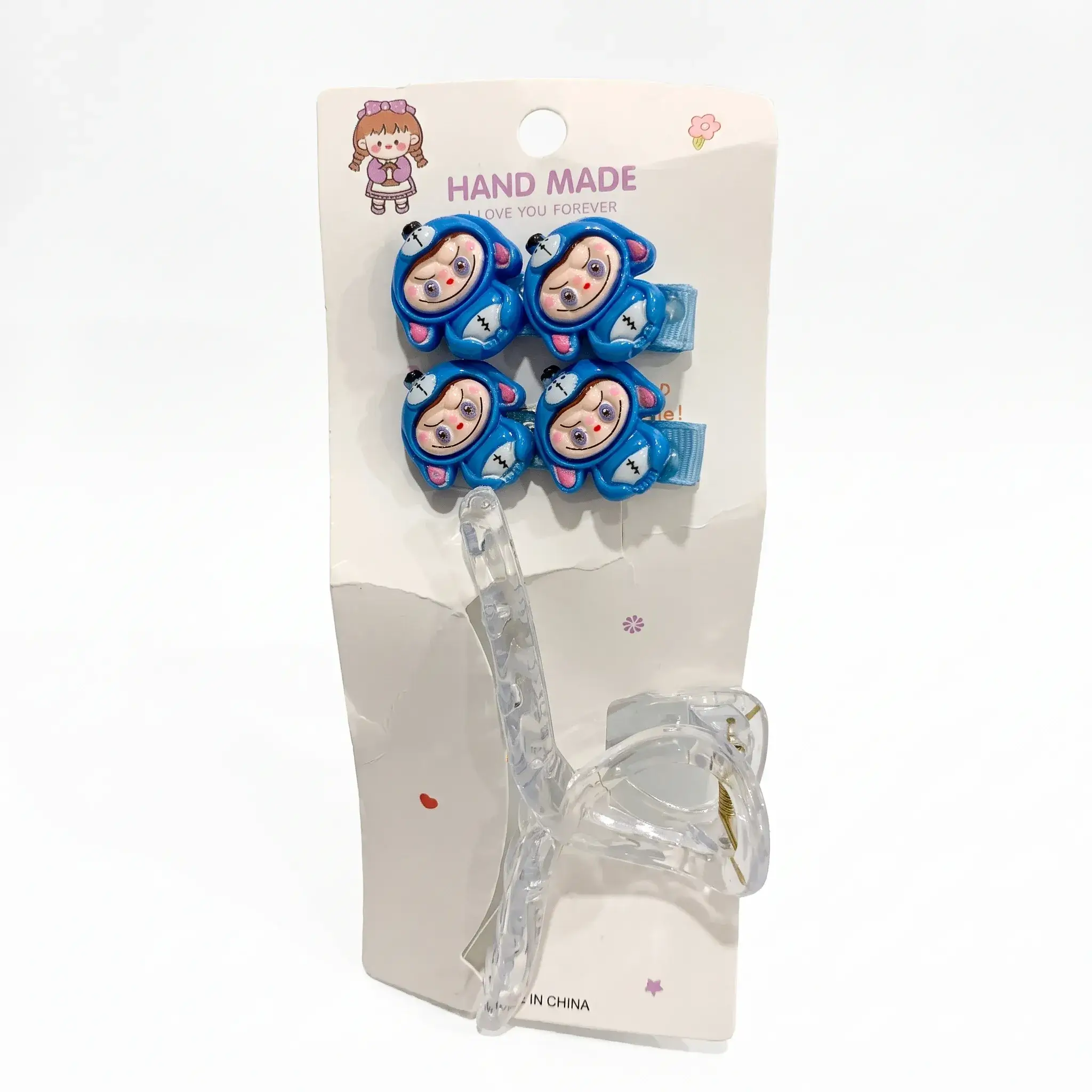 Hand Made Hair Accessories Set - Blue Character Clips and Clear Claw Clip