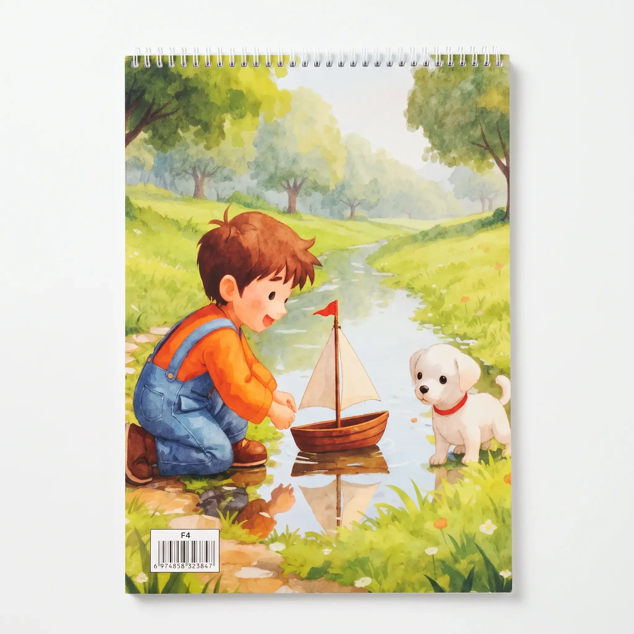 F4 Spiral Sketchbook with Boy and Boat Illustration