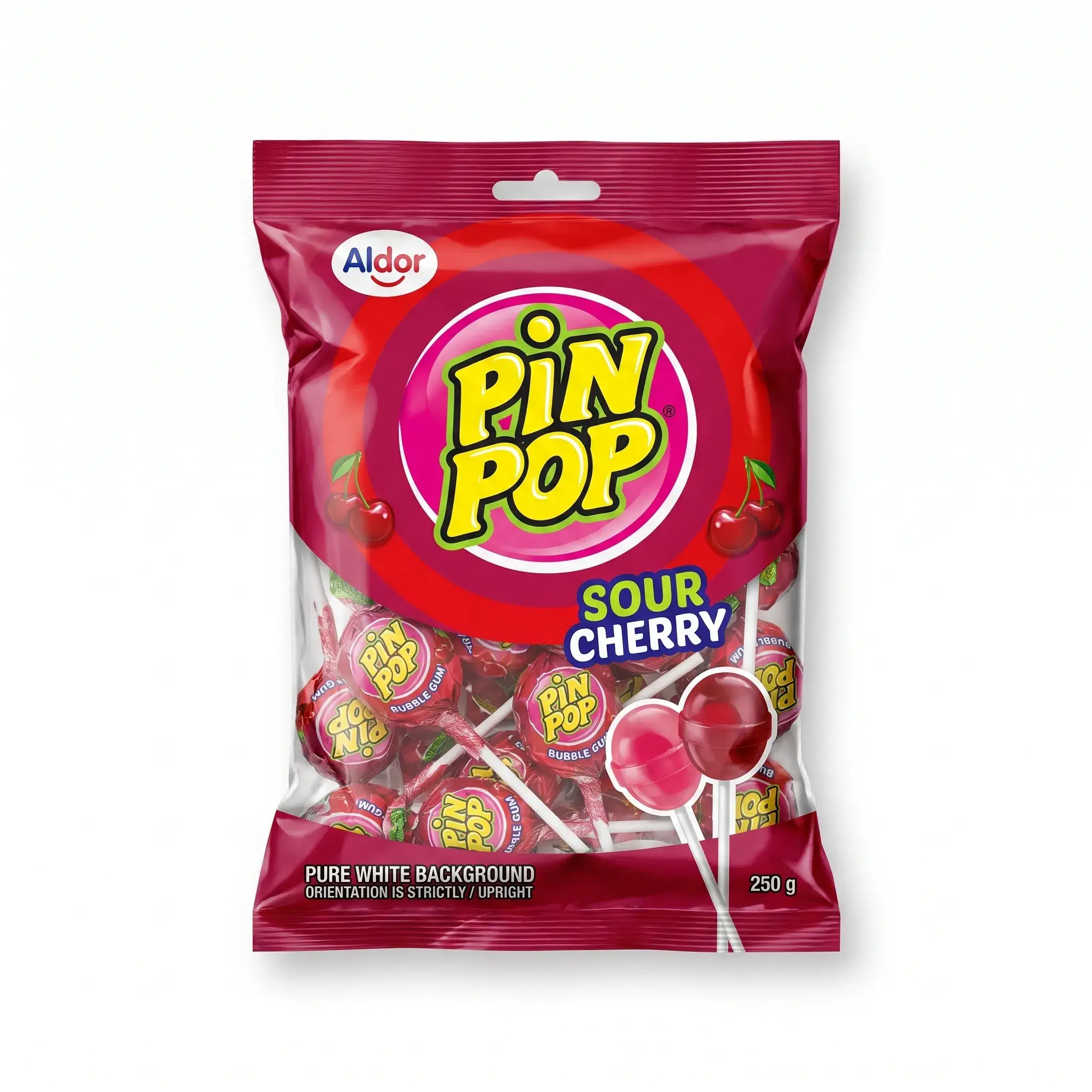 Aldor Pin Pop Sour Cherry Bubble Gum Lollipops