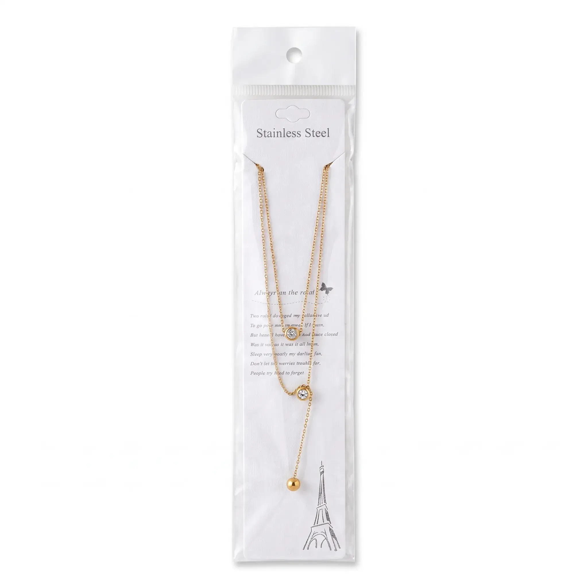 Stainless Steel Double Layer Gold Necklace with Crystals