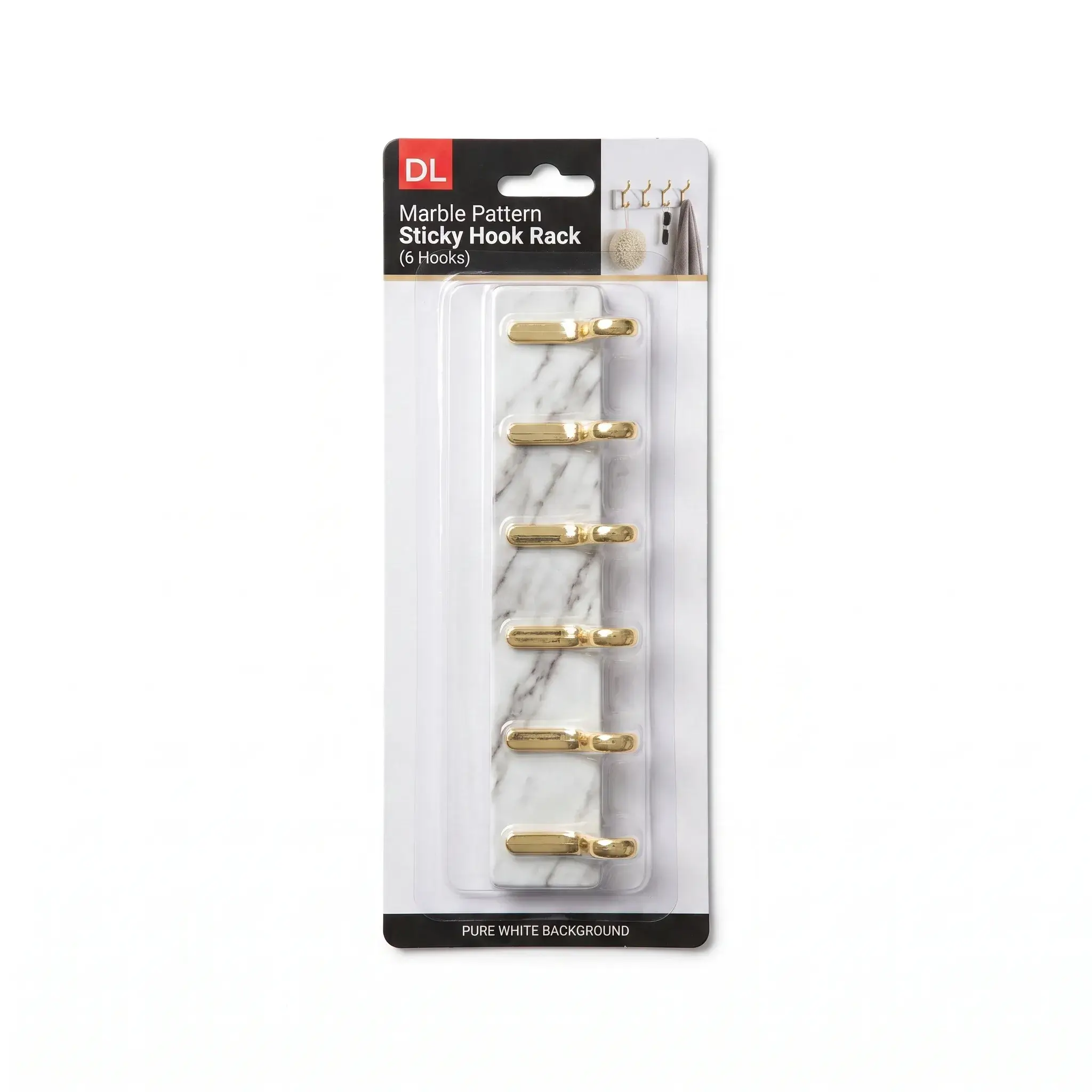 DL Marble Pattern Sticky Hook Rack (6 Hooks)